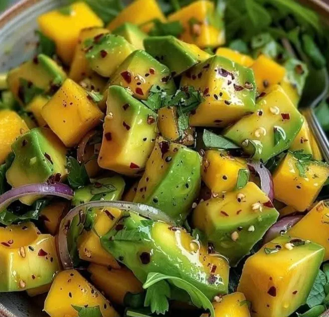 Salat aus Avocado- und Mangowürfeln mit roten Zwiebeln und Chili