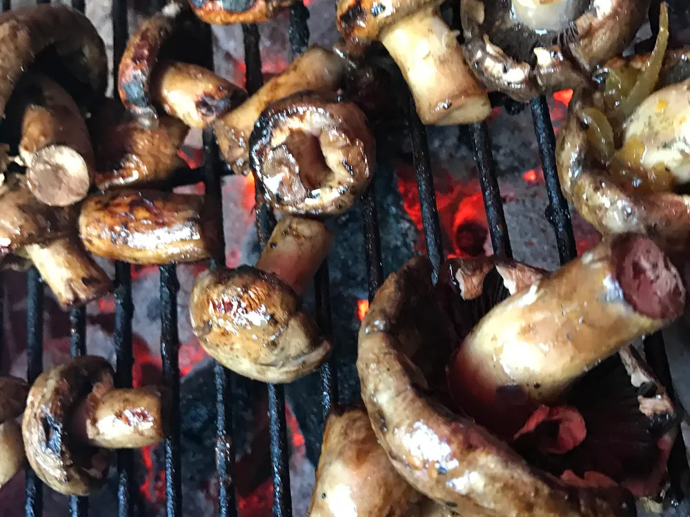 Große Champignons neben Wors auf dem Rost über der Glut