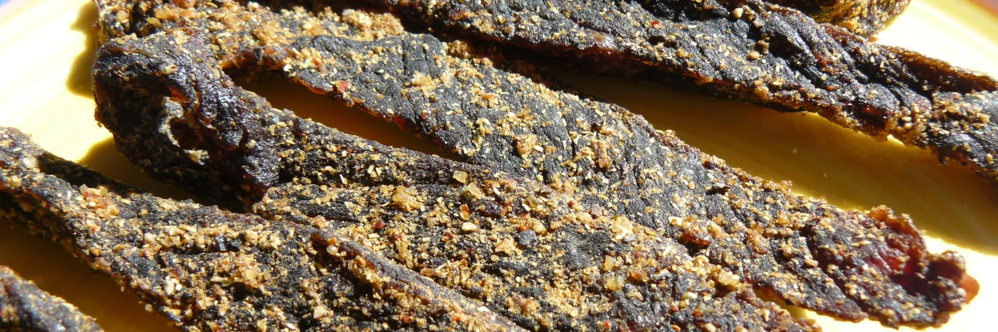 Dunkle Biltong-Streifen mit grober Gewürzkruste auf einem blau-gelben Teller