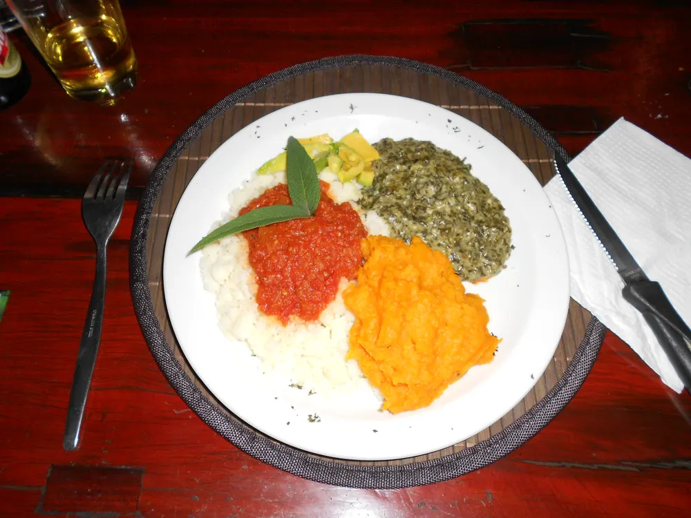 Teller mit Pap, roter Tomatensauce, Kürbis und Spinat