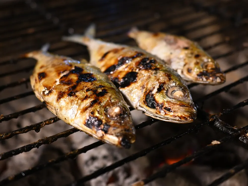 Ganze Fische über heißer Glut, die Haut vom Rost gestreift