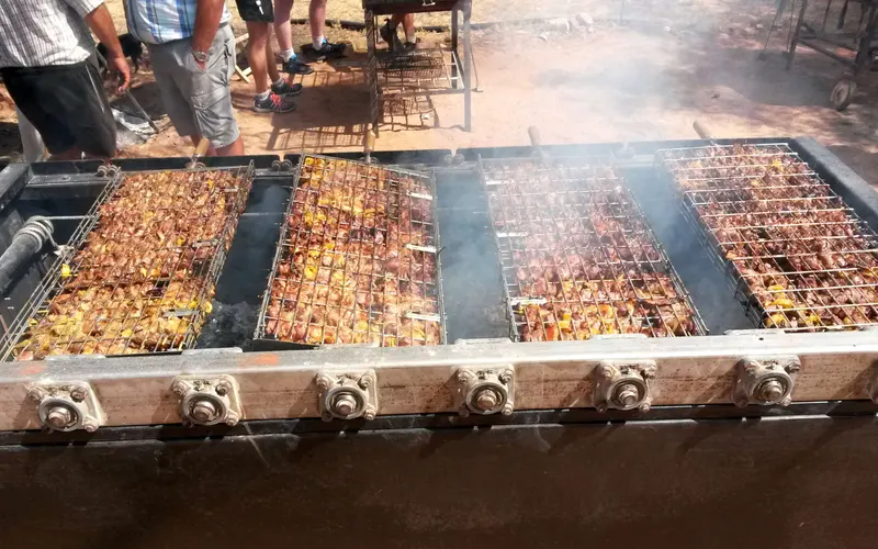 Sosaties skewers over an open fire on a simple grid